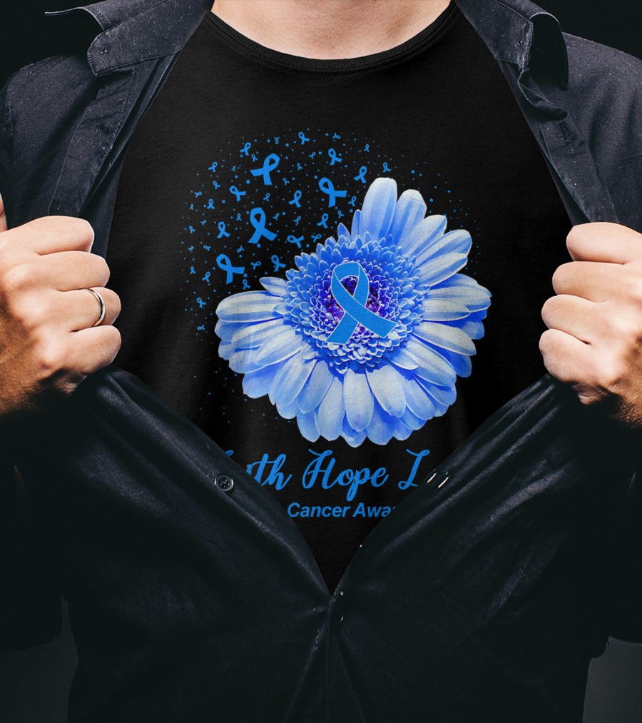 Faith Hope Love Colon Cancer Awareness Blue Ribbon Flower T-Shirt