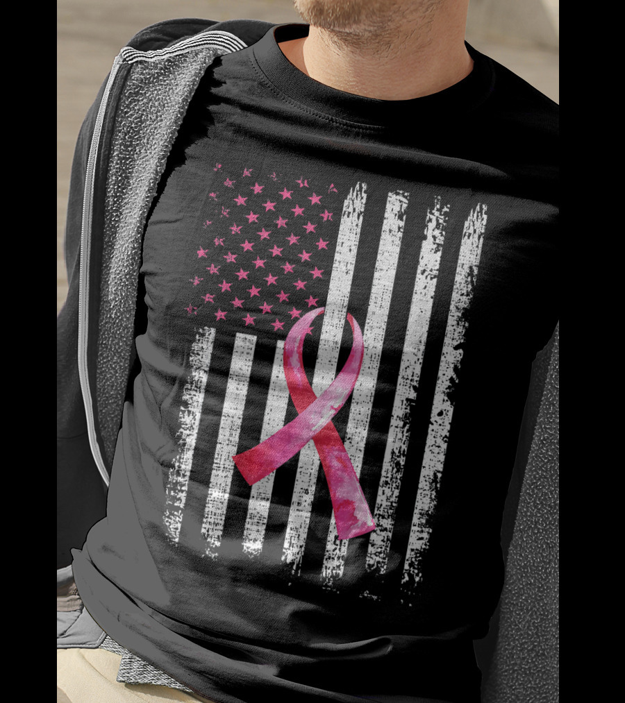 Breast Cancer Awareness Pink Ribbon American Flag Fight T-Shirt