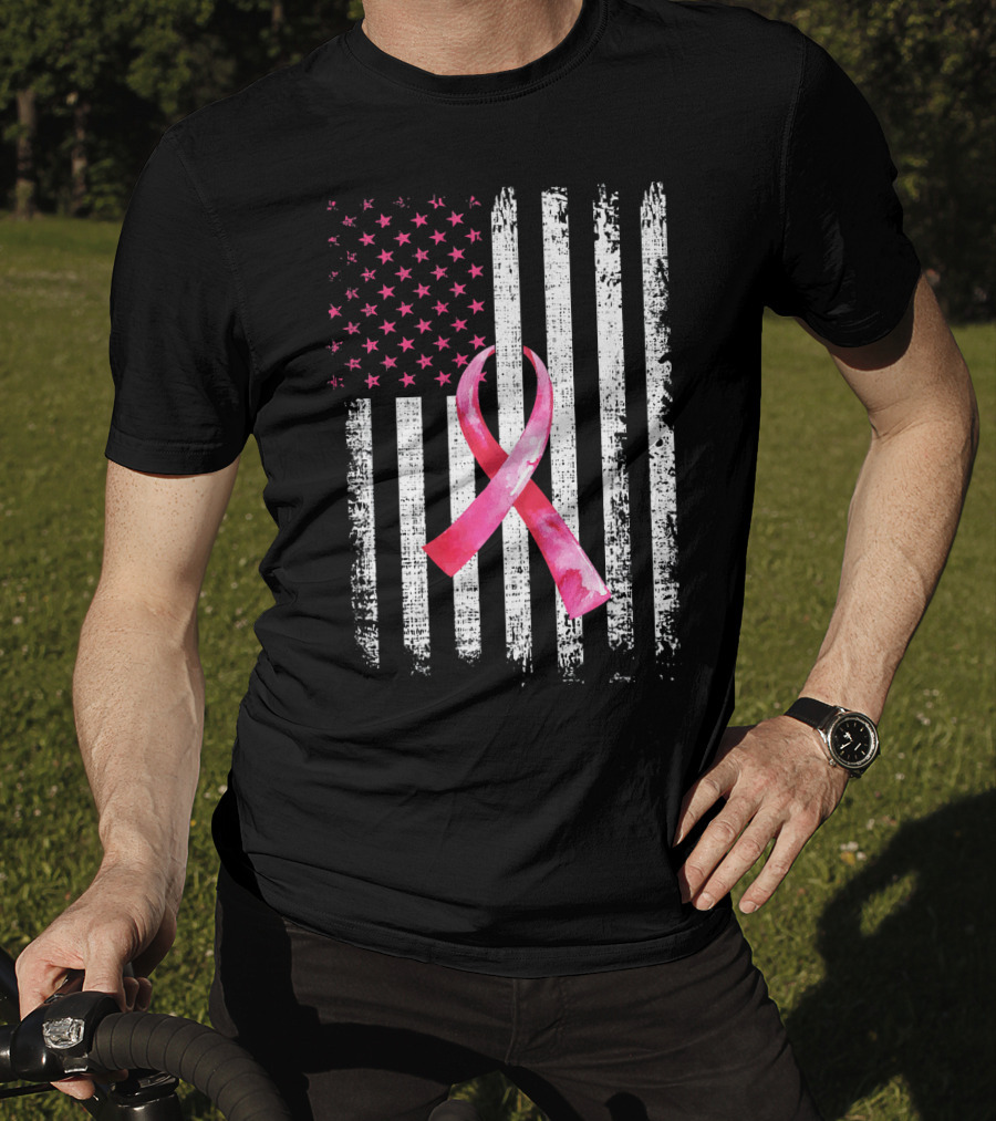 Breast Cancer Awareness Pink Ribbon American Flag Fight T-Shirt