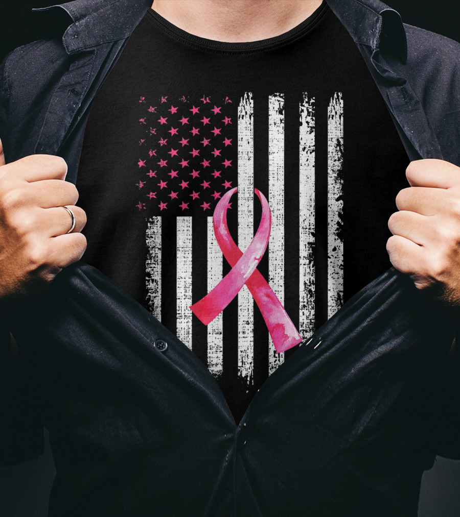 Breast Cancer Awareness Pink Ribbon American Flag Fight T-Shirt