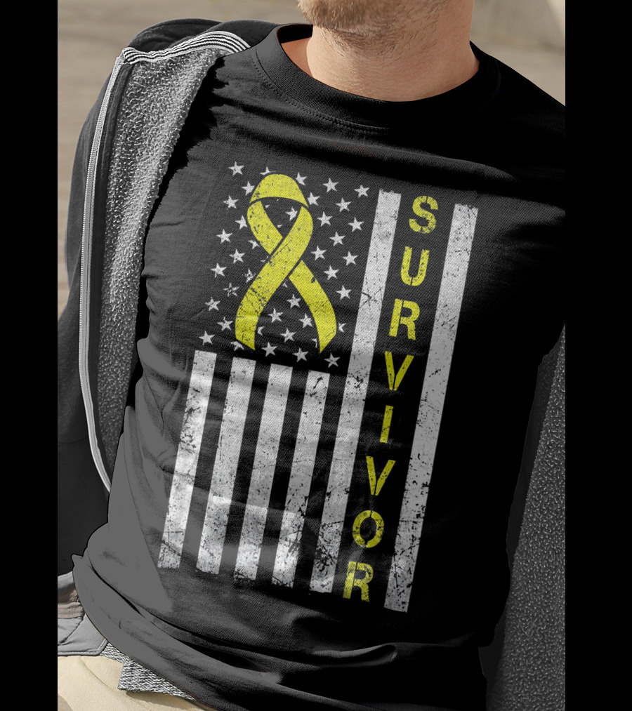 Survivor Yellow Ribbon USA Flag Childhood Cancer Awareness T-Shirt