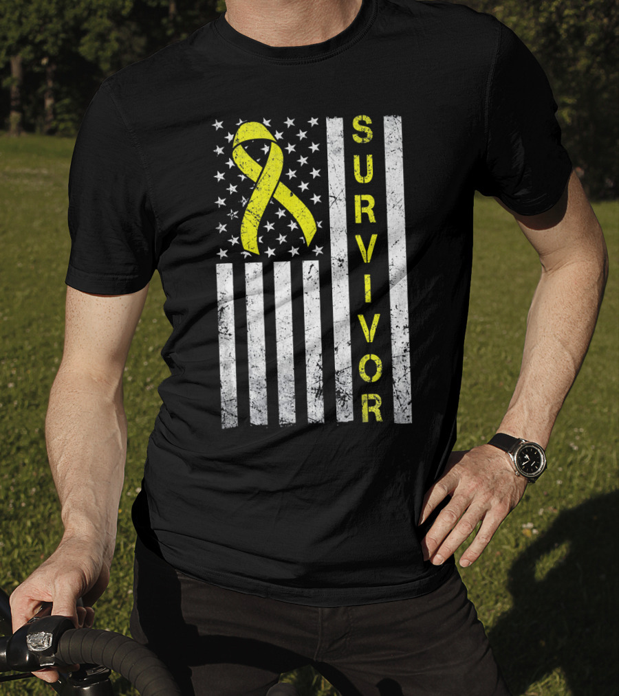 Survivor Yellow Ribbon USA Flag Childhood Cancer Awareness T-Shirt