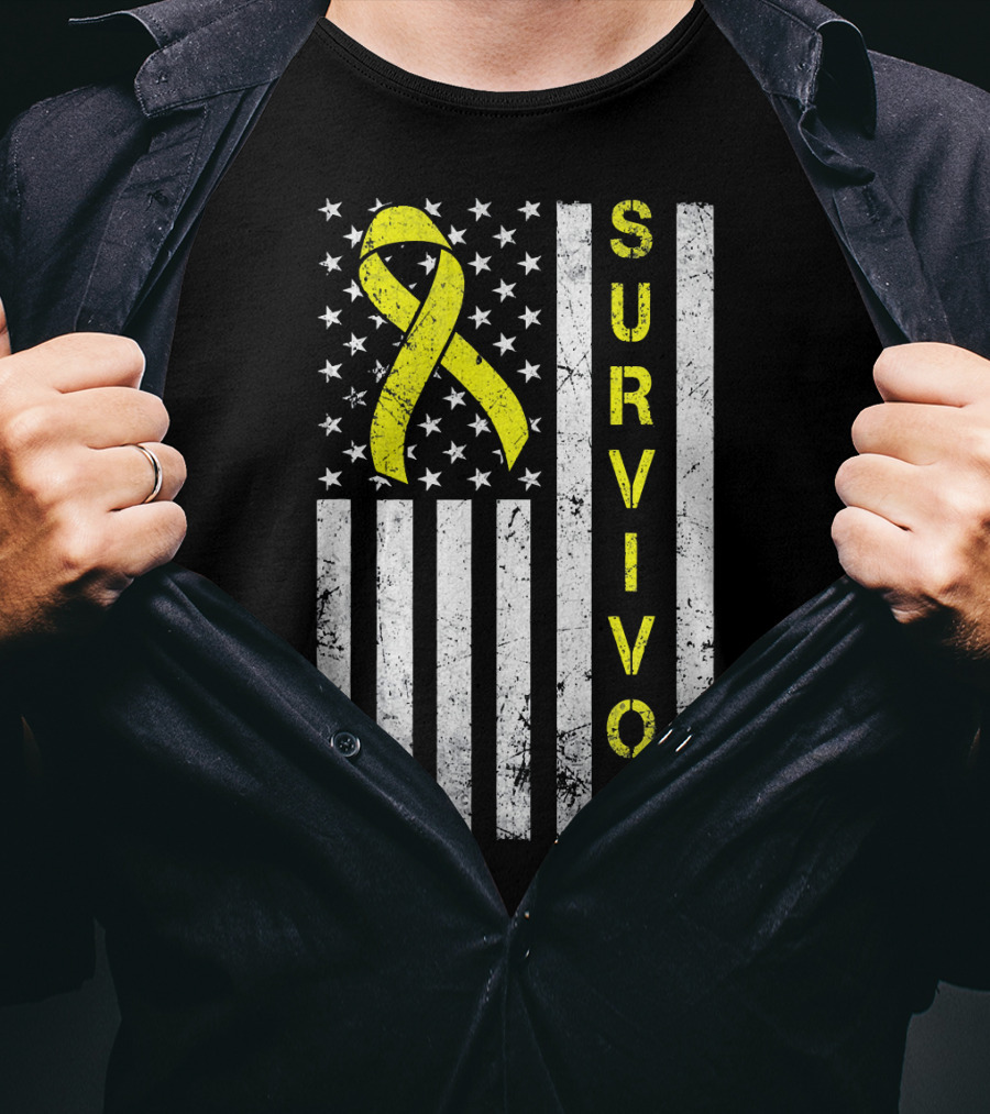 Survivor Yellow Ribbon USA Flag Childhood Cancer Awareness T-Shirt