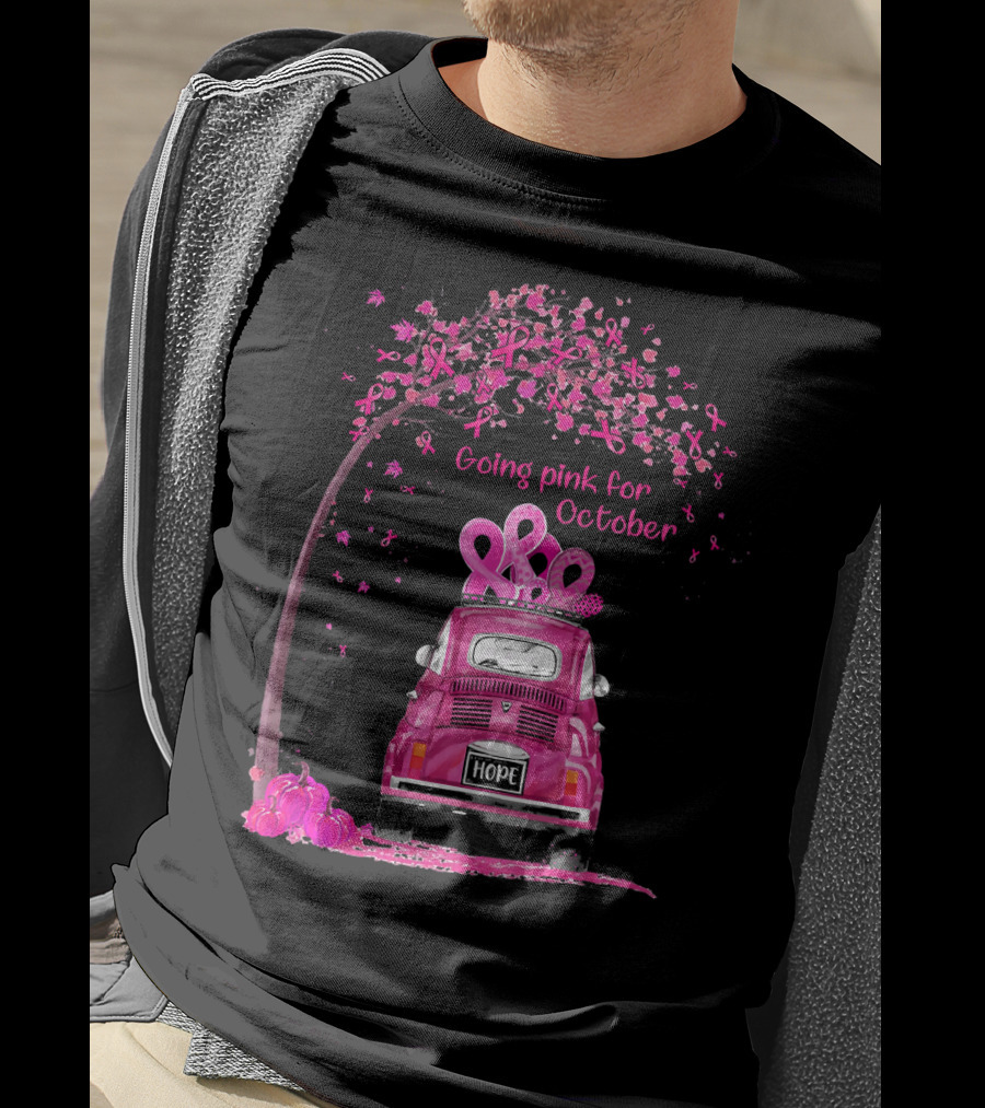 Going Pink For October Hope Breast Cancer Awareness Car And Ribbon Tree T-Shirt