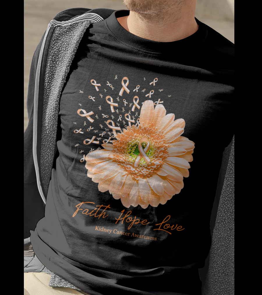 Faith Hope Love Kidney Cancer Awareness Orange Ribbon Flower T-Shirt