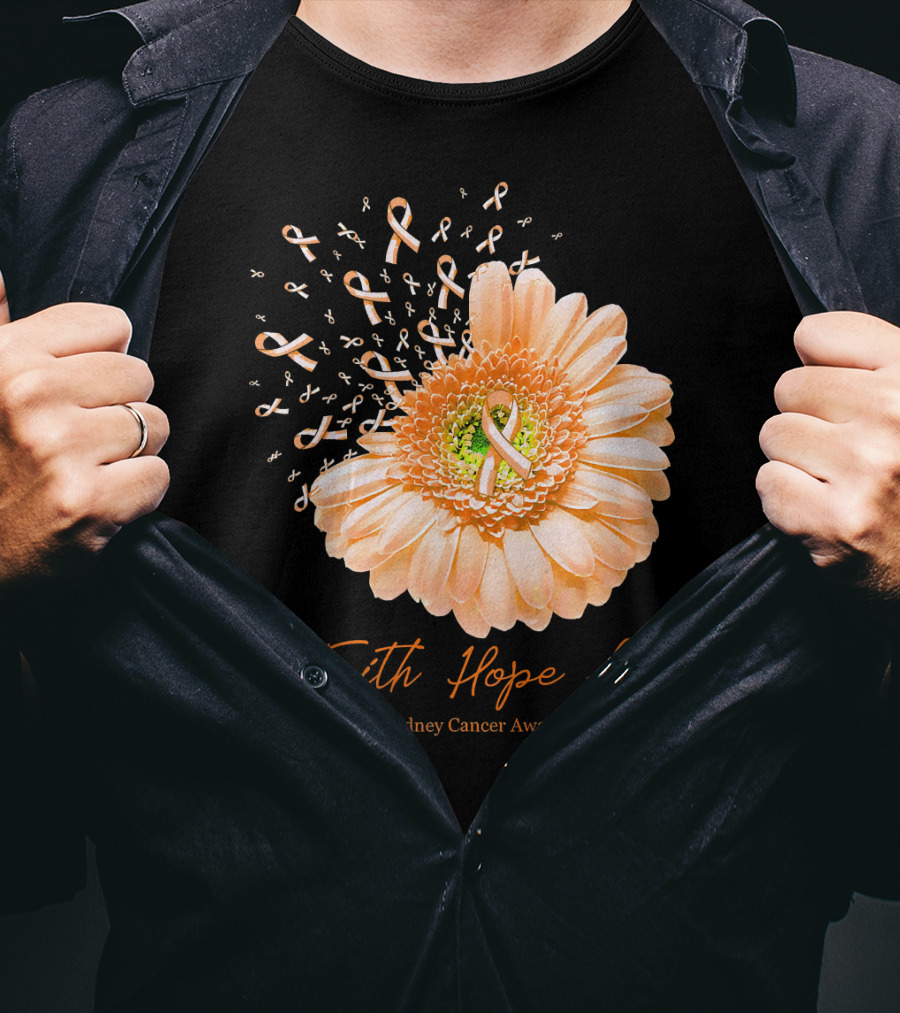 Faith Hope Love Kidney Cancer Awareness Orange Ribbon Flower T-Shirt