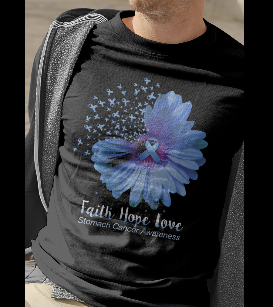 Faith Hope Love Stomach Cancer Awareness Blue Flower T-Shirt
