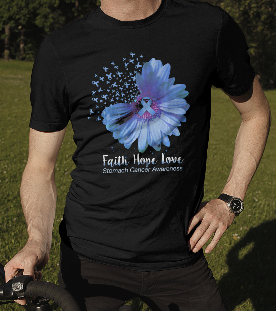 Faith Hope Love Stomach Cancer Awareness Blue Flower T-Shirt