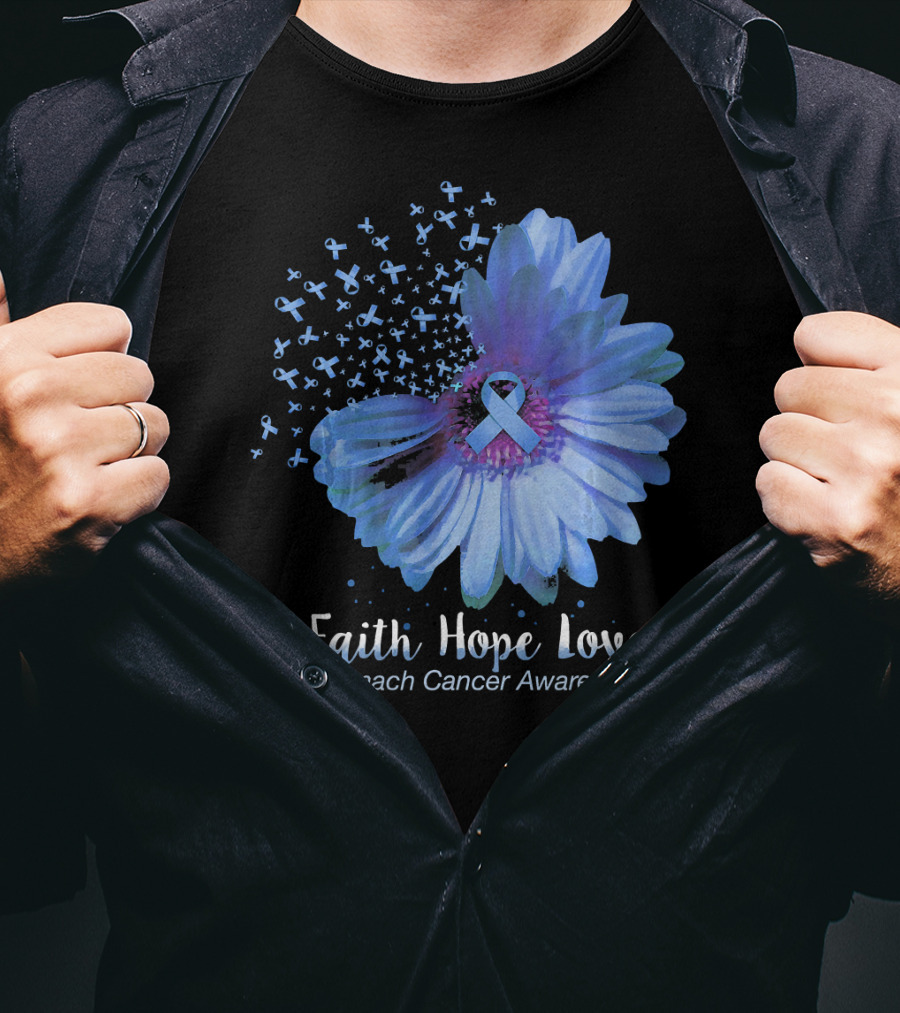 Faith Hope Love Stomach Cancer Awareness Blue Flower T-Shirt