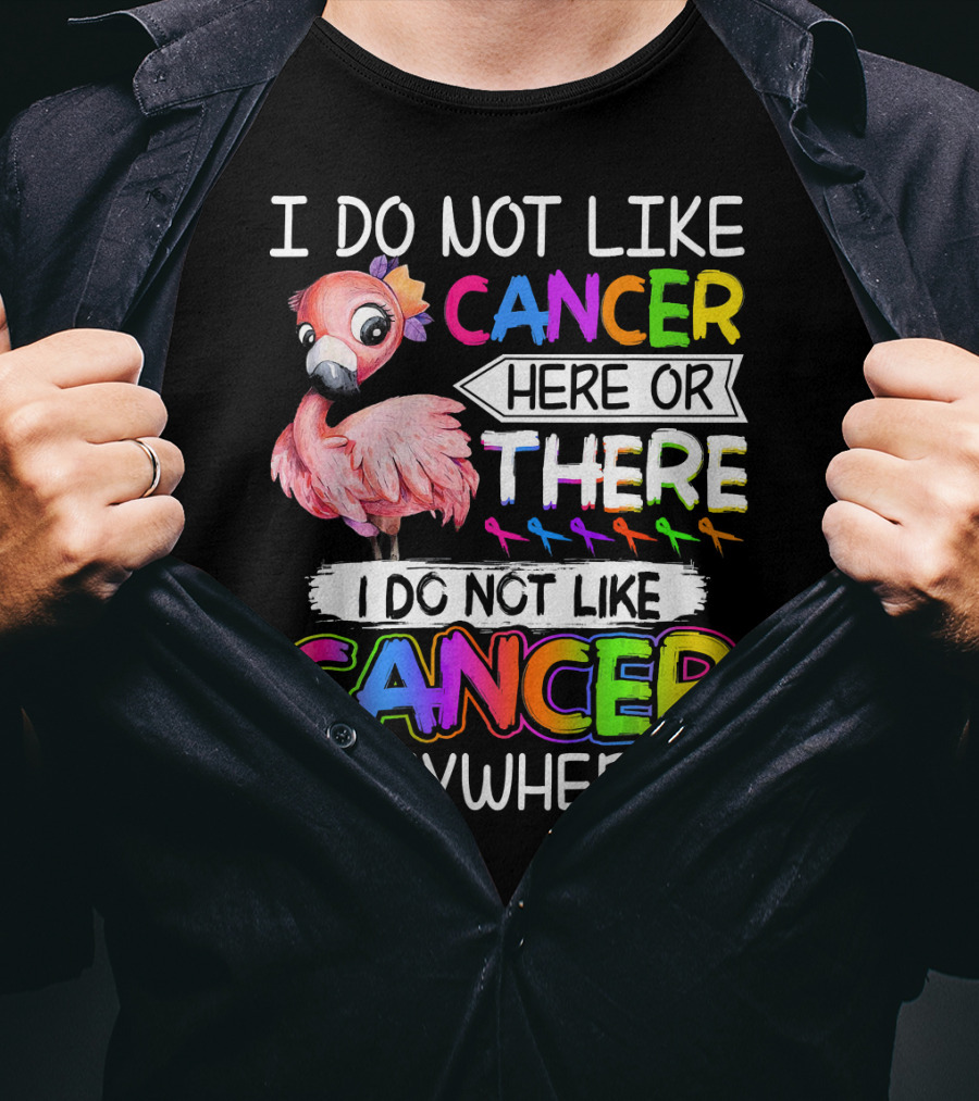 I Do Not Like Cancer Here Or There I Do Not Like Cancer Anywhere Flamingo Rainbow Ribbons T-Shirt