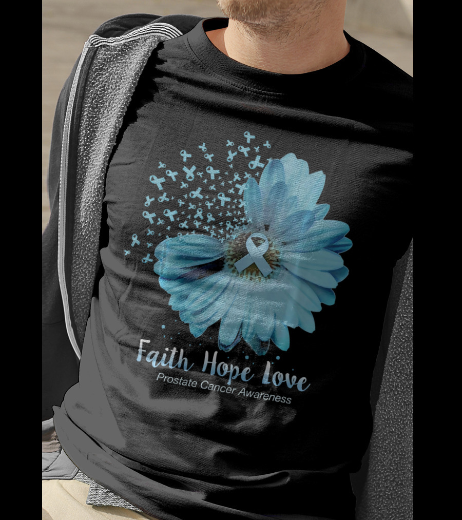 Faith Hope Love Prostate Cancer Awareness Blue Ribbon Flower T-Shirt