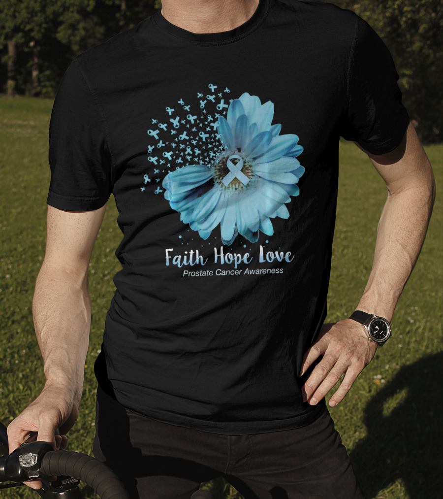 Faith Hope Love Prostate Cancer Awareness Blue Ribbon Flower T-Shirt