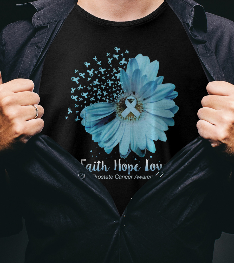 Faith Hope Love Prostate Cancer Awareness Blue Ribbon Flower T-Shirt