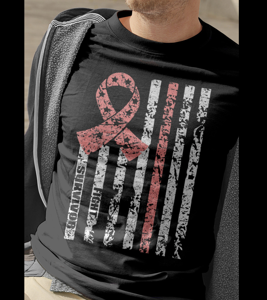 Cool Uterine Cancer Awareness Survivor Fight Ribbon Flag T-Shirt