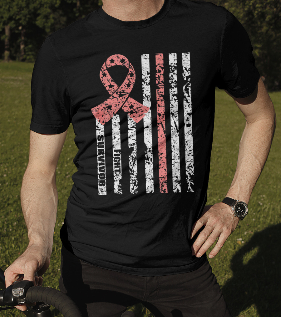 Cool Uterine Cancer Awareness Survivor Fight Ribbon Flag T-Shirt