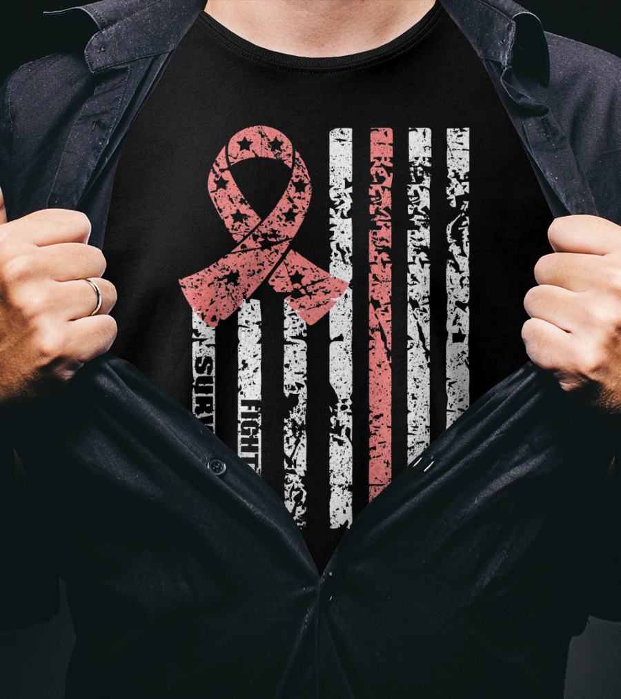 Cool Uterine Cancer Awareness Survivor Fight Ribbon Flag T-Shirt