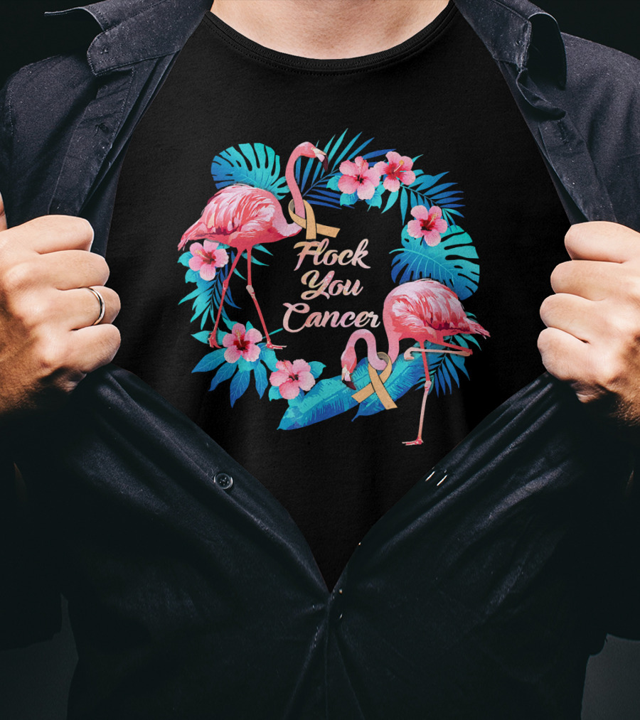 Flock You Cancer Funny Uterine Cancer Awareness Flamingo Floral T-Shirt