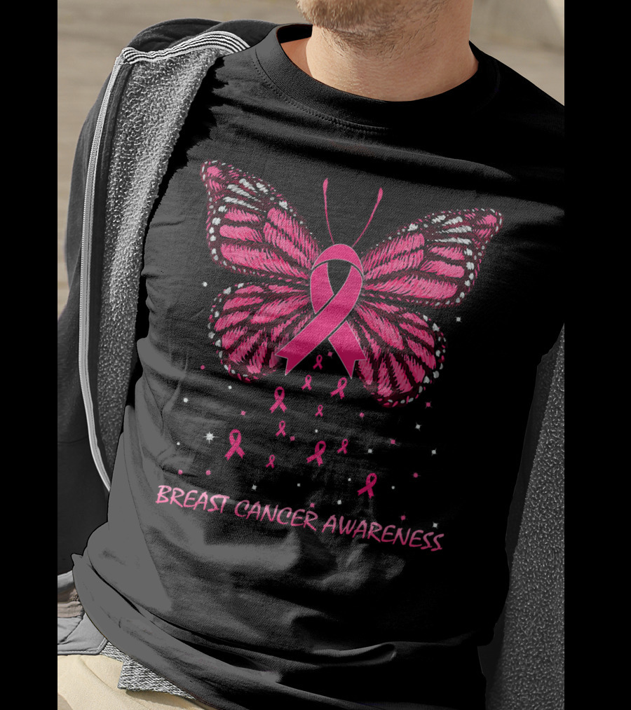 Breast Cancer Awareness Butterfly Ribbon And Stars T-Shirt
