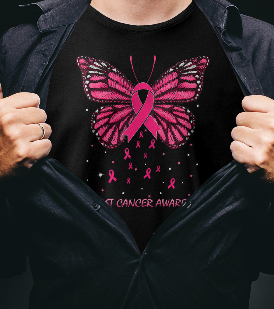 Breast Cancer Awareness Butterfly Ribbon And Stars T-Shirt