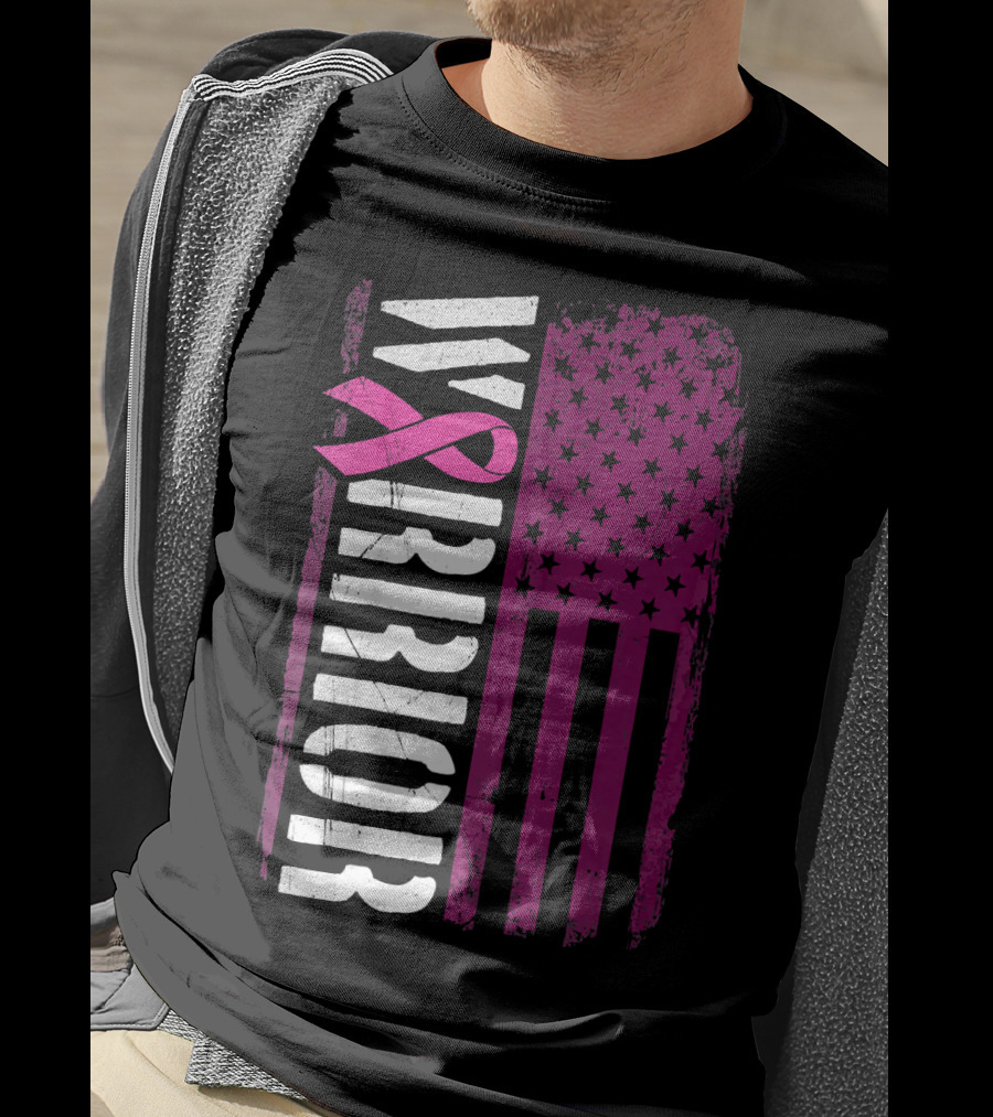 WARRIOR Breast Cancer Awareness Pink Ribbon American Flag T-Shirt