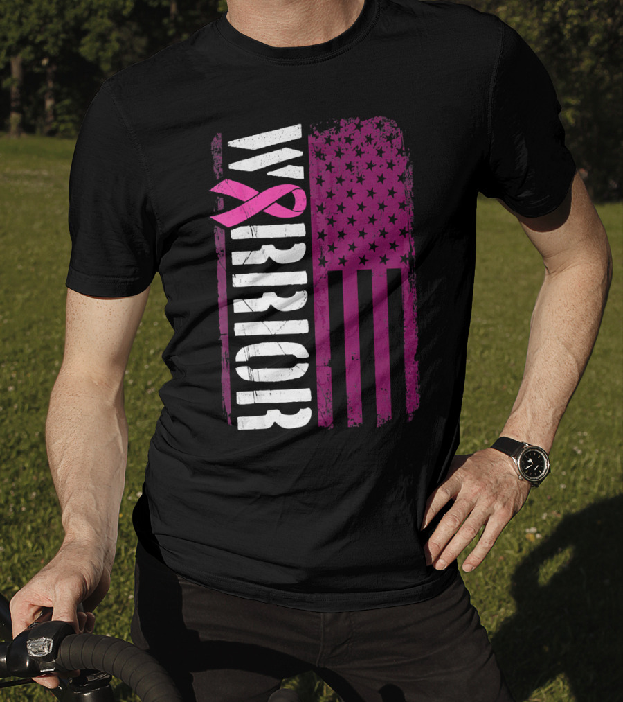 WARRIOR Breast Cancer Awareness Pink Ribbon American Flag T-Shirt