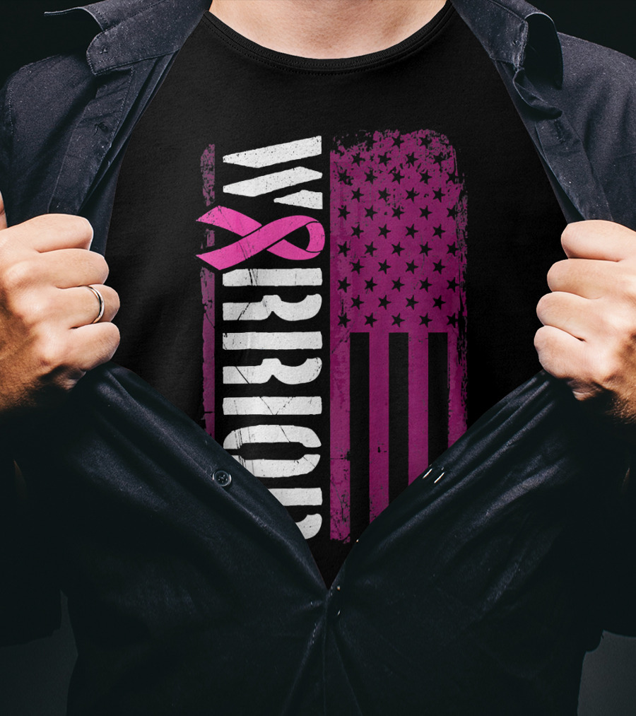 WARRIOR Breast Cancer Awareness Pink Ribbon American Flag T-Shirt