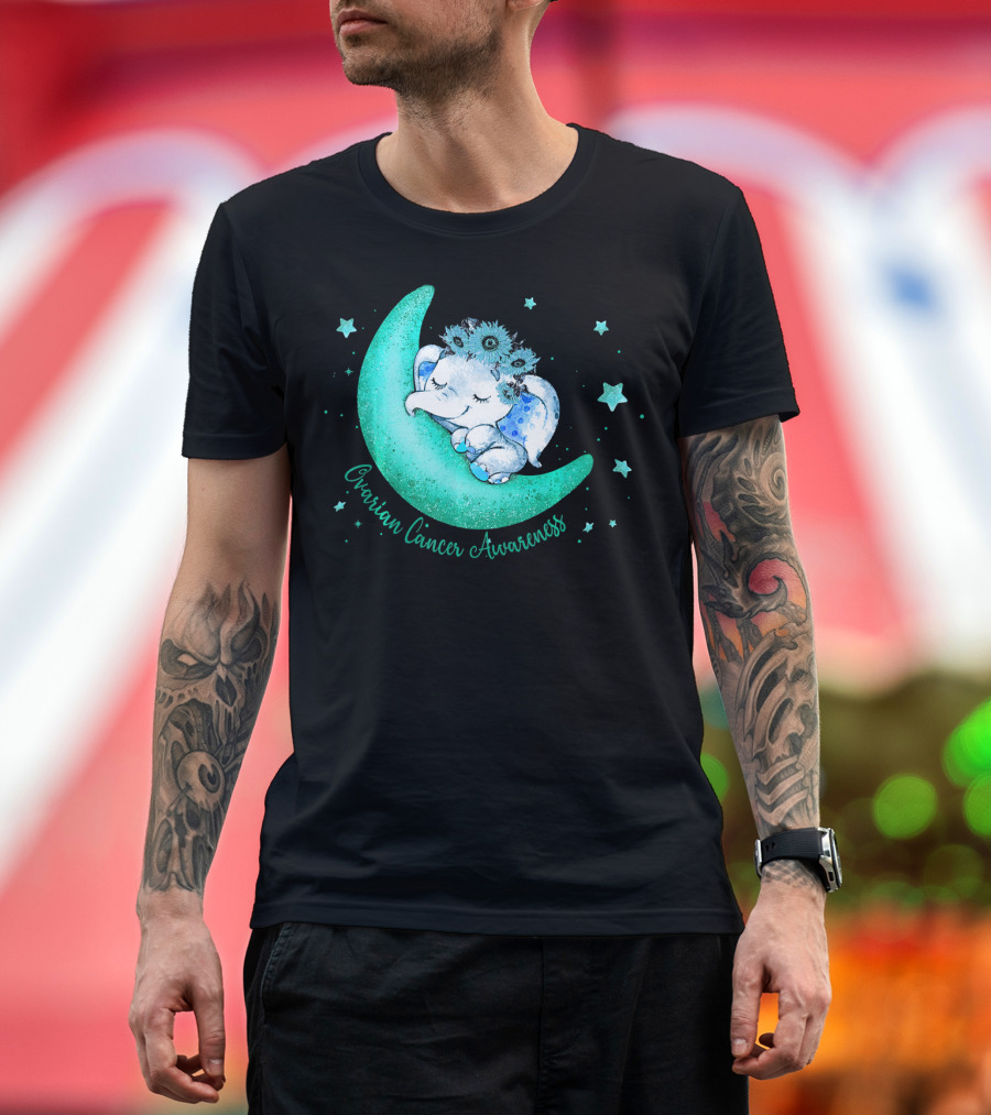 Ovarian Cancer Awareness Cute Elephant on the Moon T-Shirt