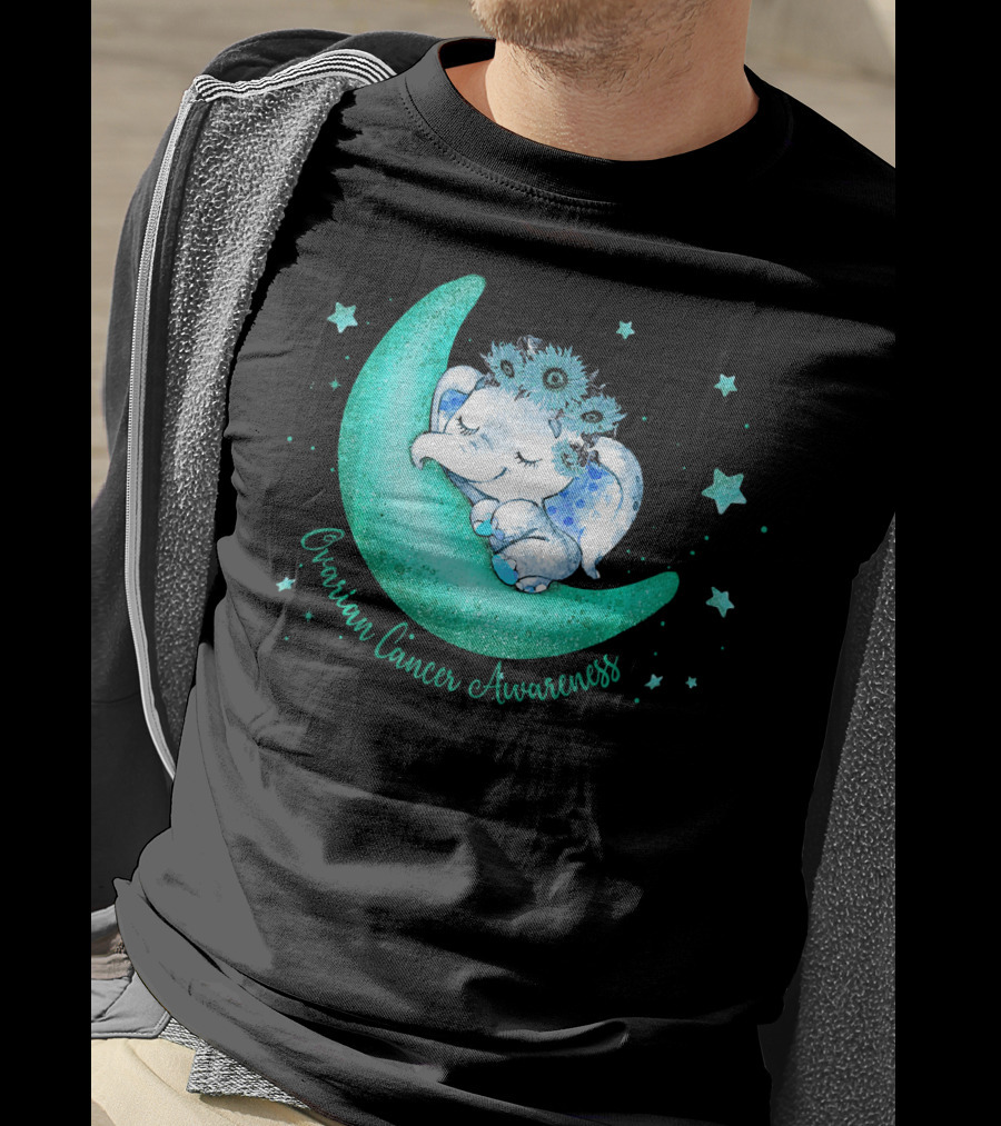 Ovarian Cancer Awareness Cute Elephant On The Moon T-Shirt