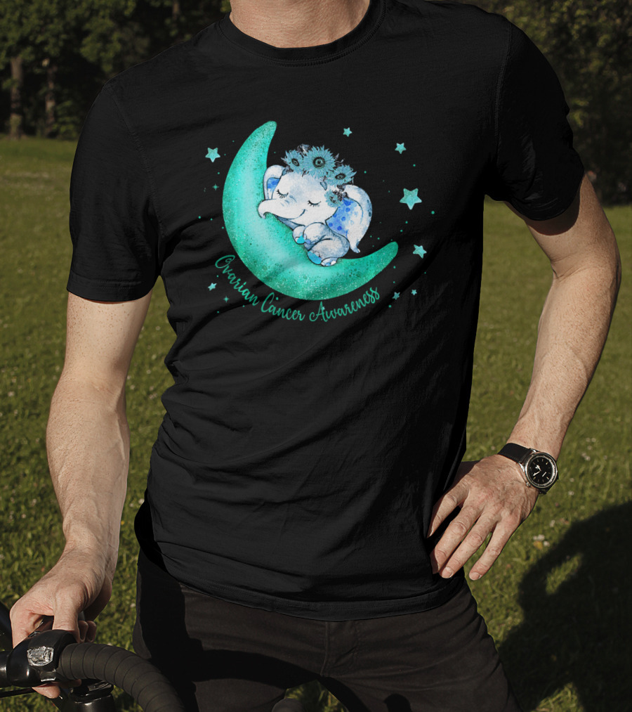 Ovarian Cancer Awareness Cute Elephant On The Moon T-Shirt