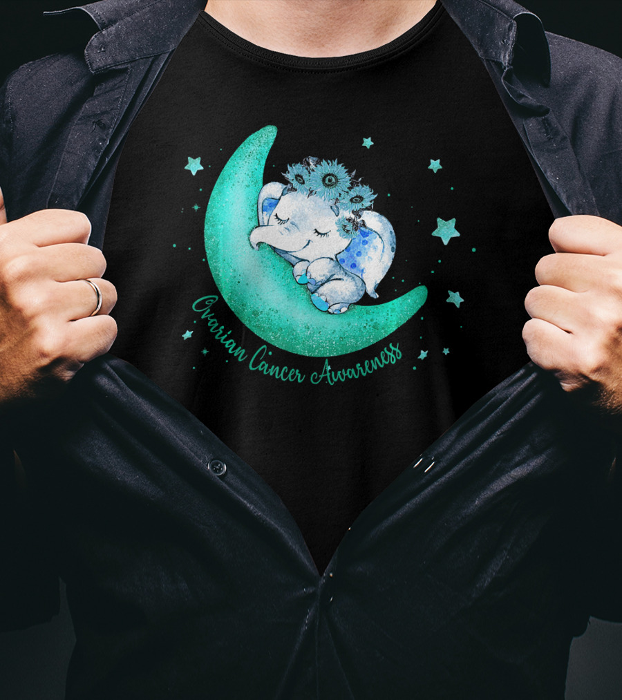 Ovarian Cancer Awareness Cute Elephant On The Moon T-Shirt