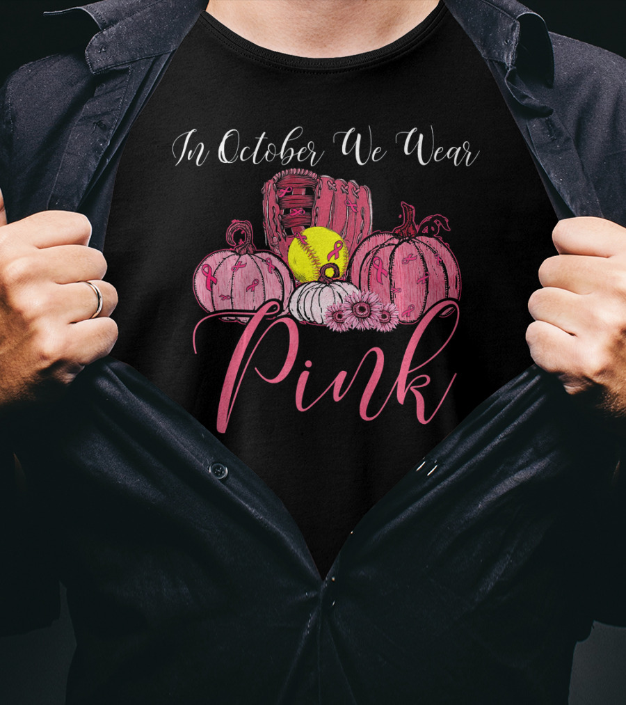 In October We Wear Pink Softball Pumpkin Breast Cancer Awareness T-Shirt