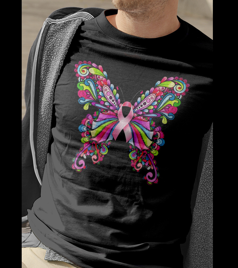 Colorful Hippie Butterfly Breast Cancer Awareness T-Shirt