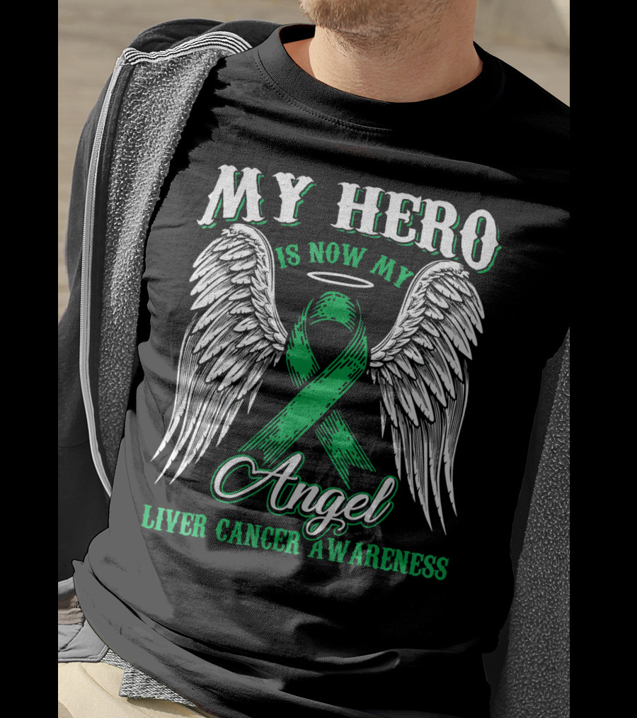My Hero Is Now My Angel Liver Cancer Awareness Ribbon Wings Halo T-Shirt