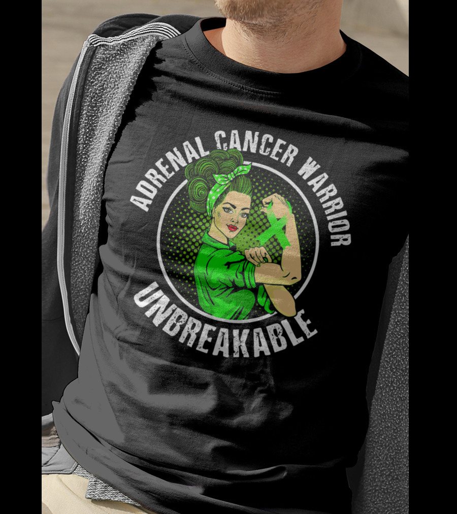 Adrenal Cancer Warrior Unbreakable Rosie The Riveter Green T-Shirt