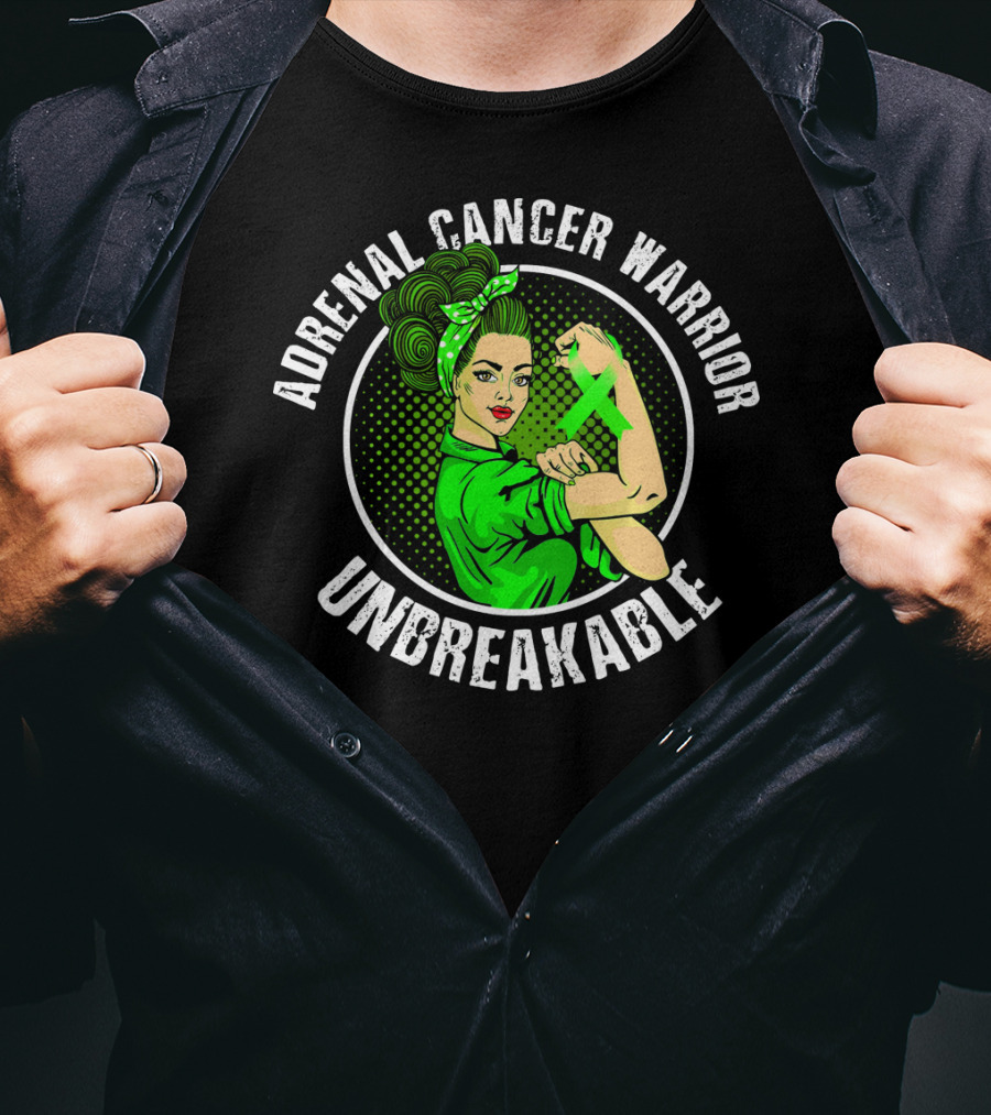 Adrenal Cancer Warrior Unbreakable Rosie The Riveter Green T-Shirt