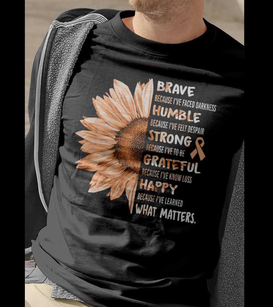 Brave Humble Strong Grateful Happy Sunflower Peach Ribbon Uterine Cancer T-Shirt