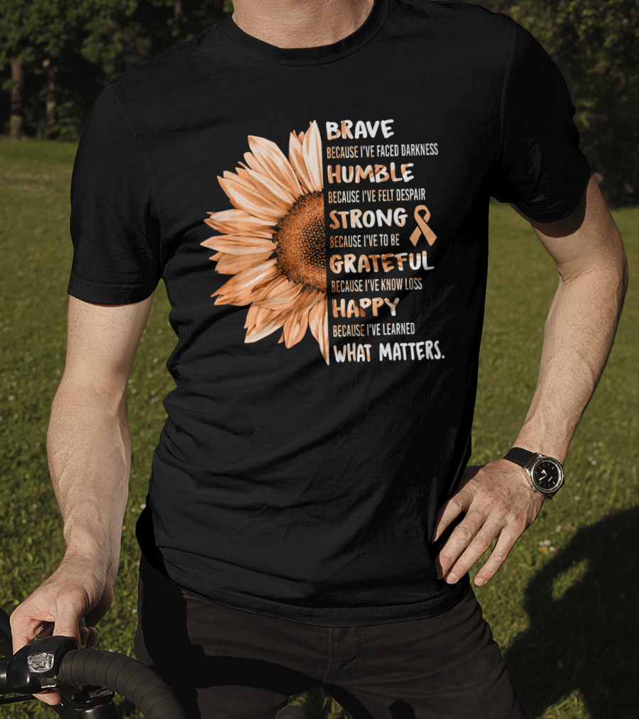 Brave Humble Strong Grateful Happy Sunflower Peach Ribbon Uterine Cancer T-Shirt