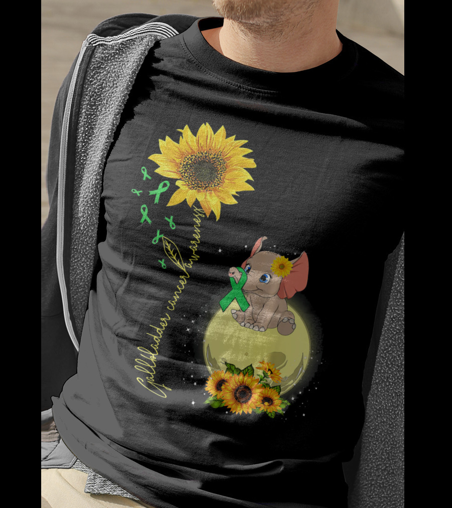 Gallbladder Cancer Awareness Elephant With Sunflowers And Green T-Shirt