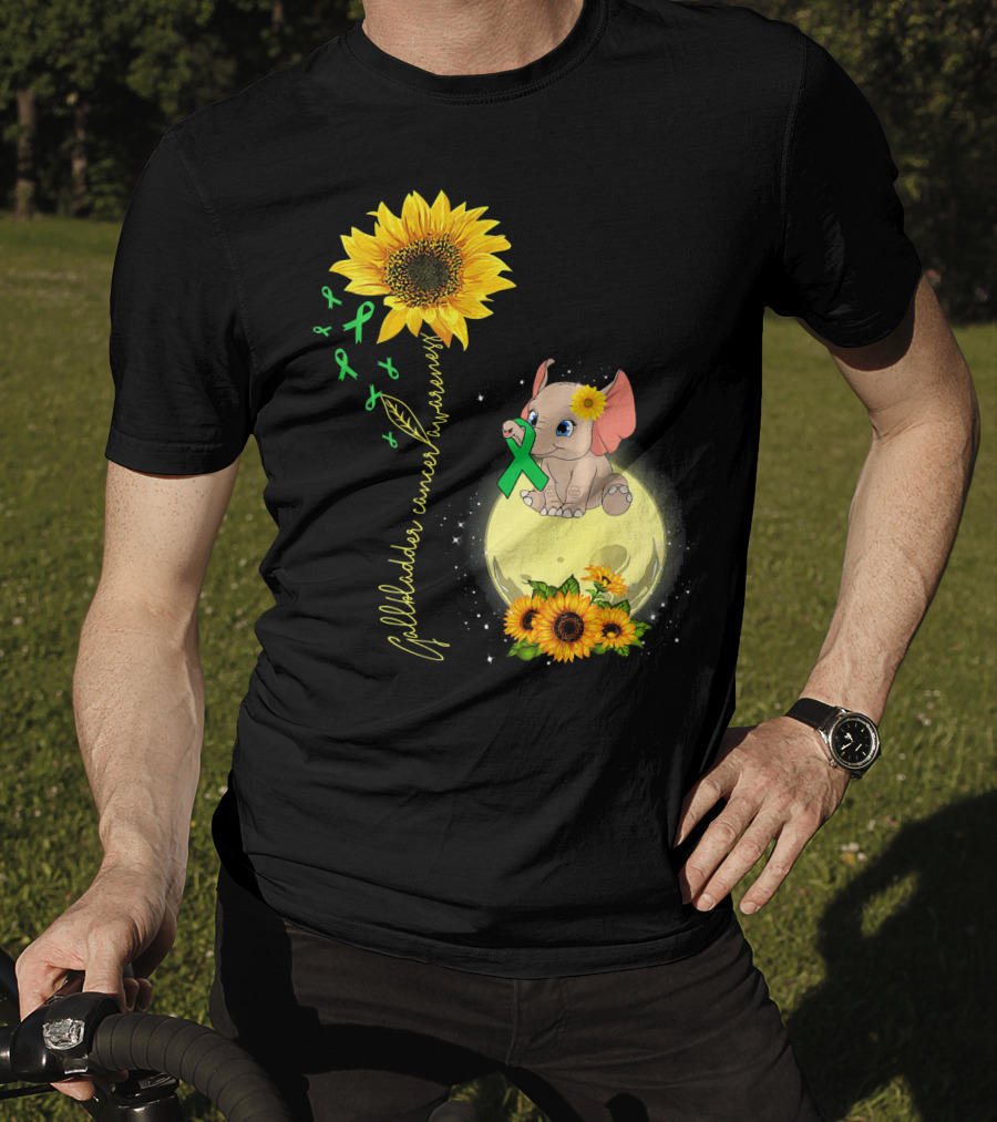 Gallbladder Cancer Awareness Elephant With Sunflowers And Green T-Shirt