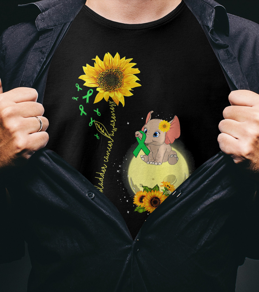 Gallbladder Cancer Awareness Elephant With Sunflowers And Green T-Shirt