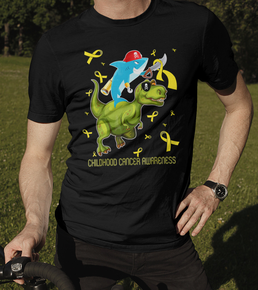 Childhood Cancer Awareness Shark And Dinosaur With Yellow Ribbons T-Shirt
