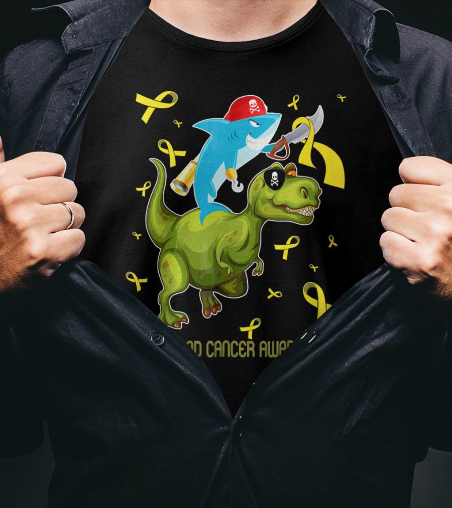 Childhood Cancer Awareness Shark And Dinosaur With Yellow Ribbons T-Shirt