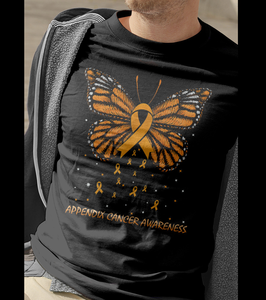 Appendix Cancer Awareness Orange Ribbon Butterfly T-Shirt
