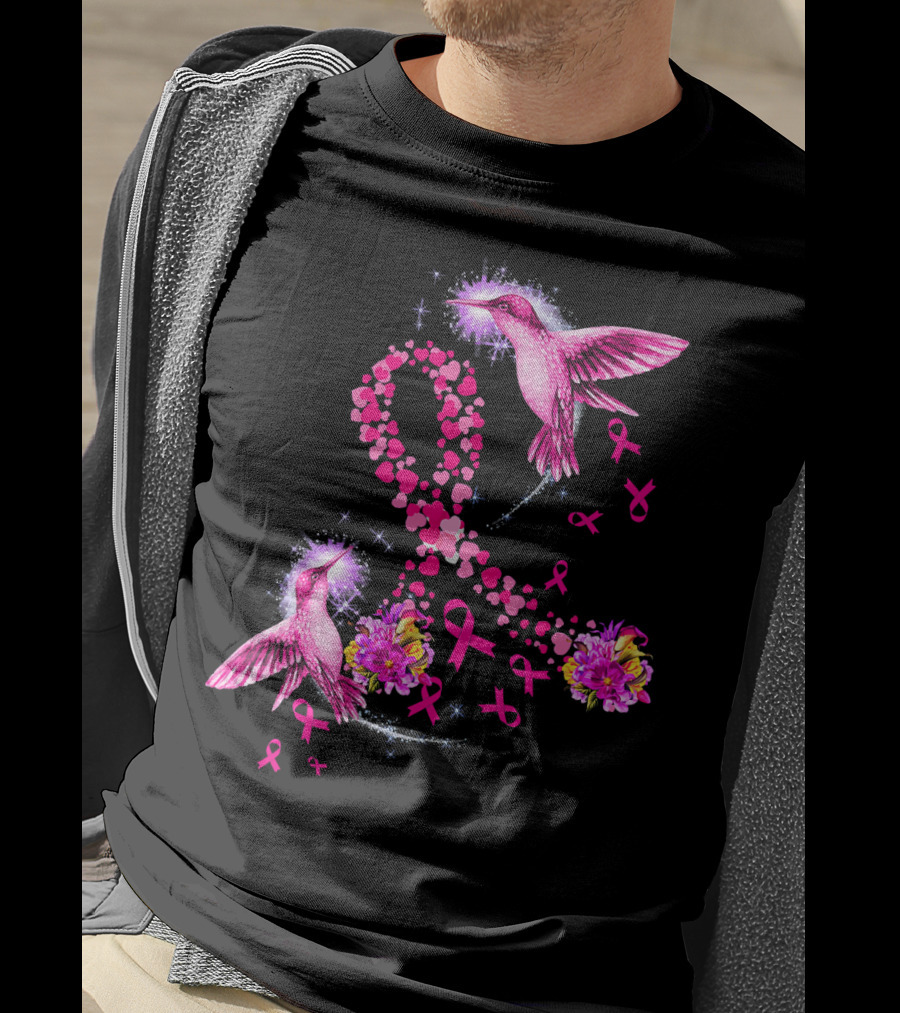 Hummingbird Heart Pink Ribbon Breast Cancer Awareness Flowers T-Shirt