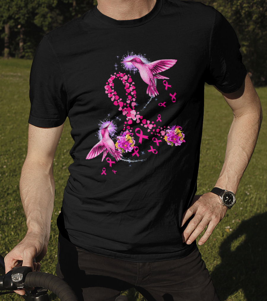 Hummingbird Heart Pink Ribbon Breast Cancer Awareness Flowers T-Shirt