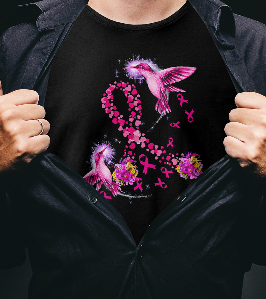 Hummingbird Heart Pink Ribbon Breast Cancer Awareness Flowers T-Shirt
