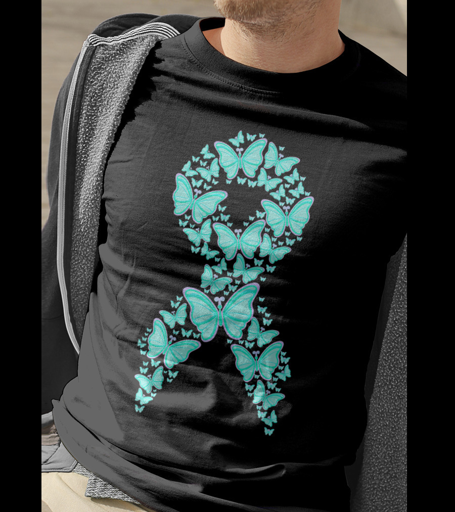 Ovarian Cancer Awareness Butterfly Ribbon Fighter T-Shirt
