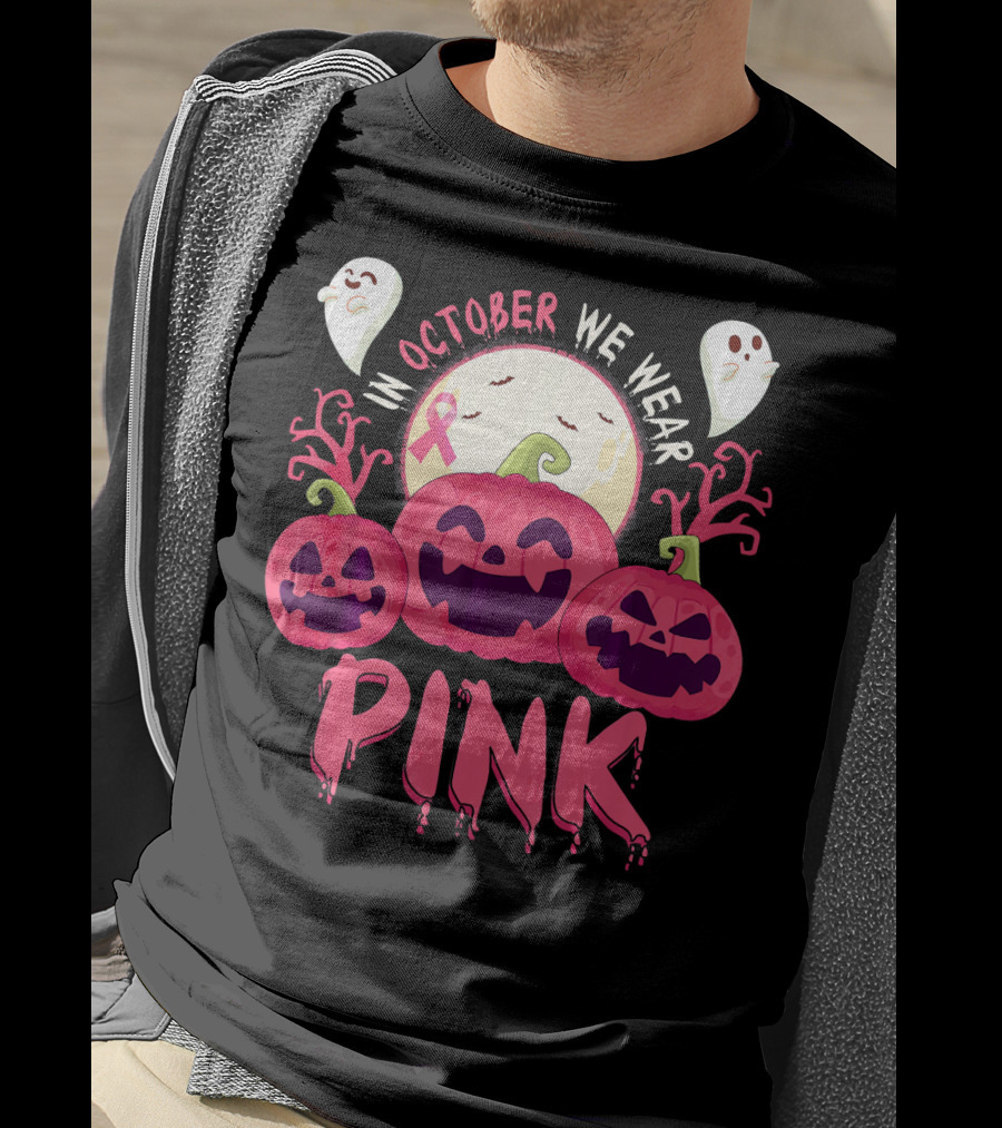 In October We Wear Pink Pumpkin With Ghosts And Moon T-Shirt