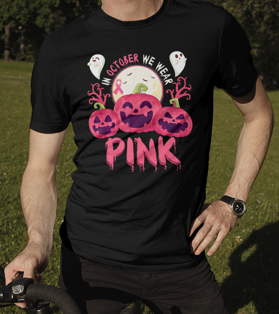 In October We Wear Pink Pumpkin With Ghosts And Moon T-Shirt