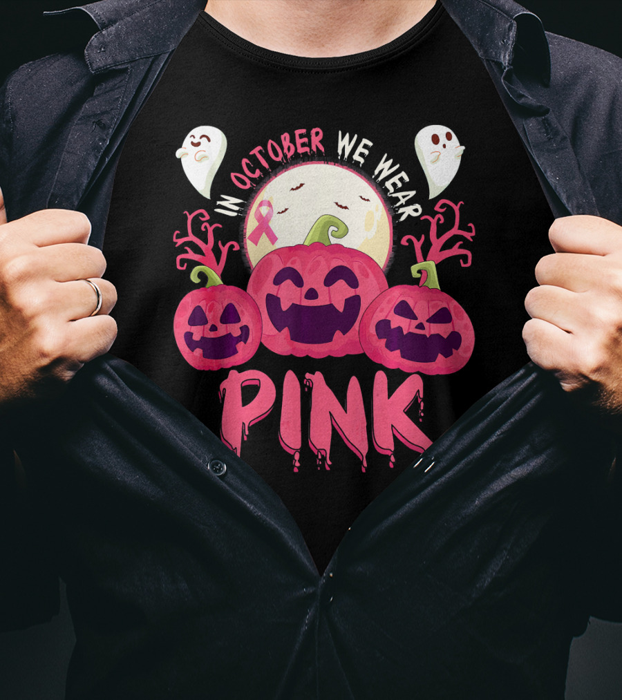 In October We Wear Pink Pumpkin With Ghosts And Moon T-Shirt
